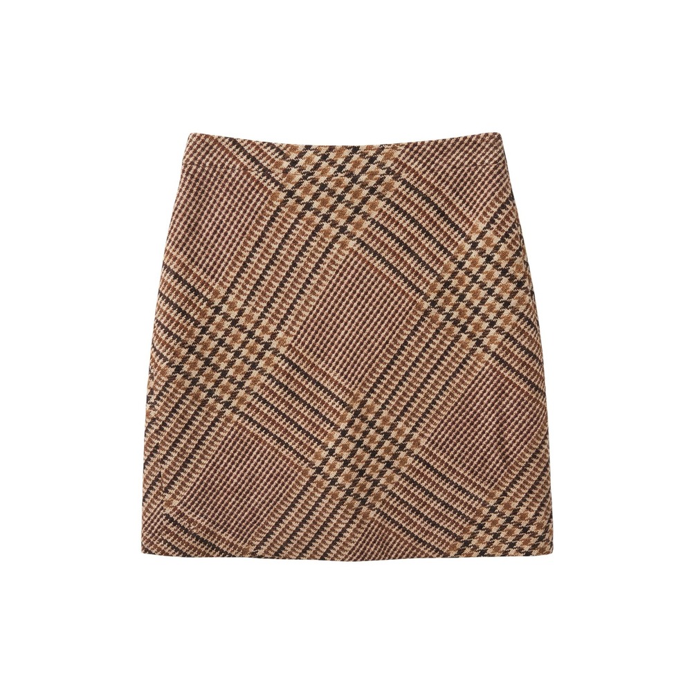 Tory Burch Brown & Cream Plaid Wool Blend Mini Skirt Size 8 Side Zip Classic